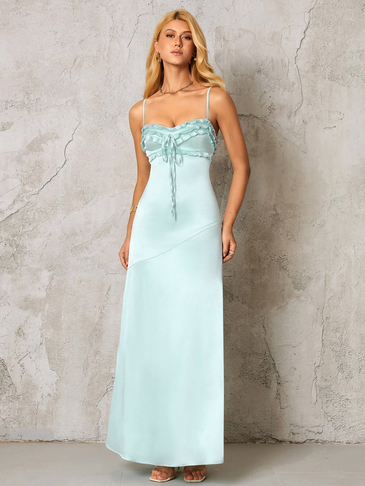Satin Ruffle Trim Tie Front Sweetheart Neck Cami Maxi Dress