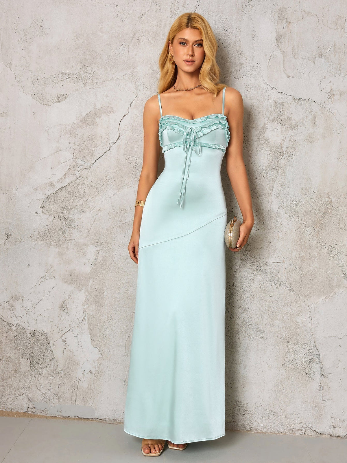 Satin Ruffle Trim Tie Front Sweetheart Neck Cami Maxi Dress 4