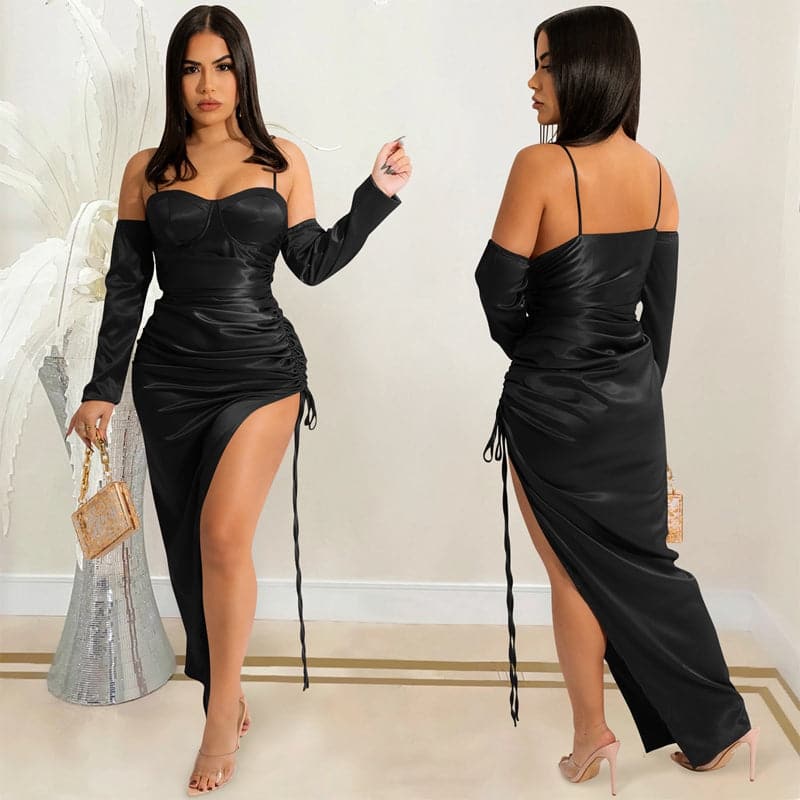 Satin Corset Sweetheart Spaghetti Strap Long Sleeve Ruched Drawstring High Split Maxi Dress