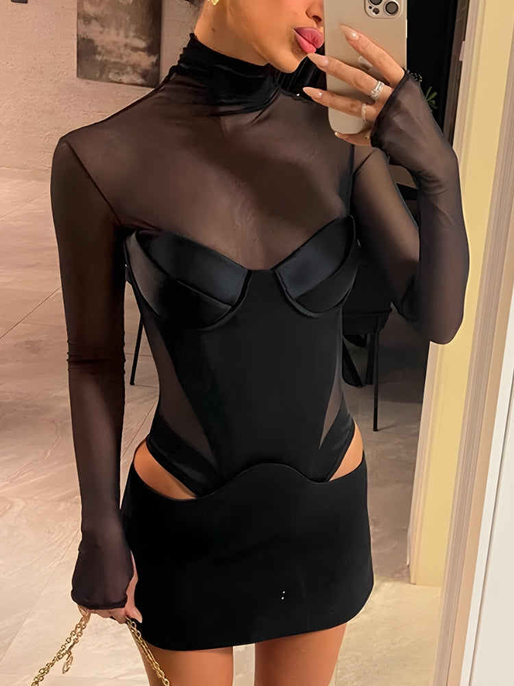 Sheer Mesh Mock Neck Long Sleeve Satin Corset Cut Out Mini Dress 3