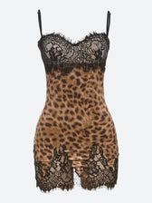 Leopard Lace Trim Spaghetti Strap Bodycon Mini Dress 3