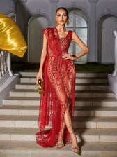 Split Sequin Maxi Dress In Red
