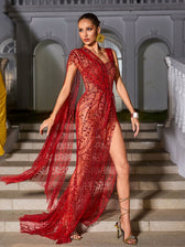 Split Sequin Maxi Dress In Red - View 2