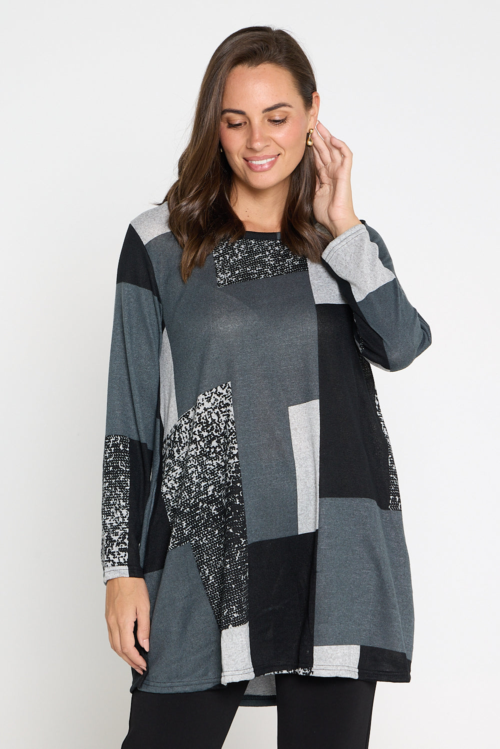 Barb Knit Top - Charcoal Geo Patch