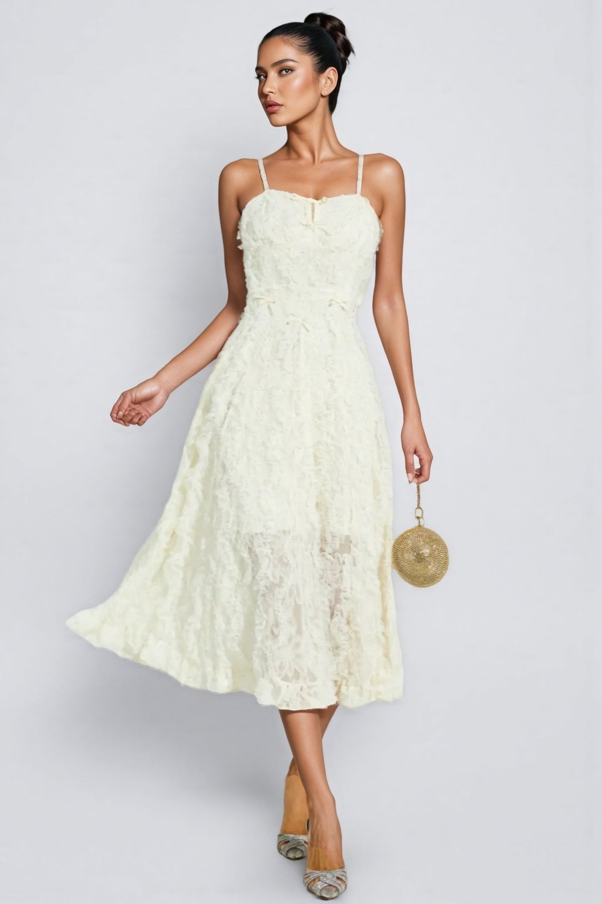Spaghetti Strap Textured Floral Applique Bow Detail A-Line Midi Dress