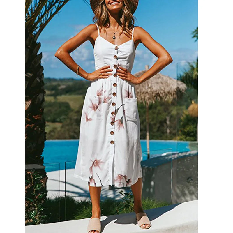 Printed Sling VNeck Summer Midi Dress