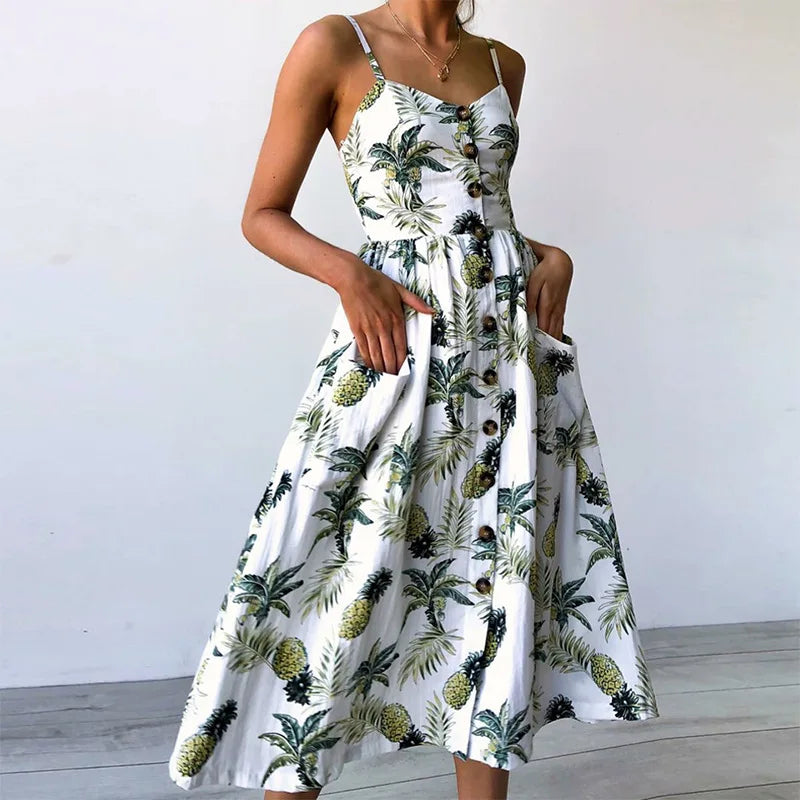Beach Printing Suspenders Robe VNeck Seeveless Women's Vestiti Donna Midi Dresses