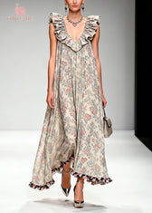 Beautiful Apricot Ruffled Print Chiffon Maxi Dresses Sleeveless