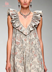 Beautiful Apricot Ruffled Print Chiffon Maxi Dresses Sleeveless 2