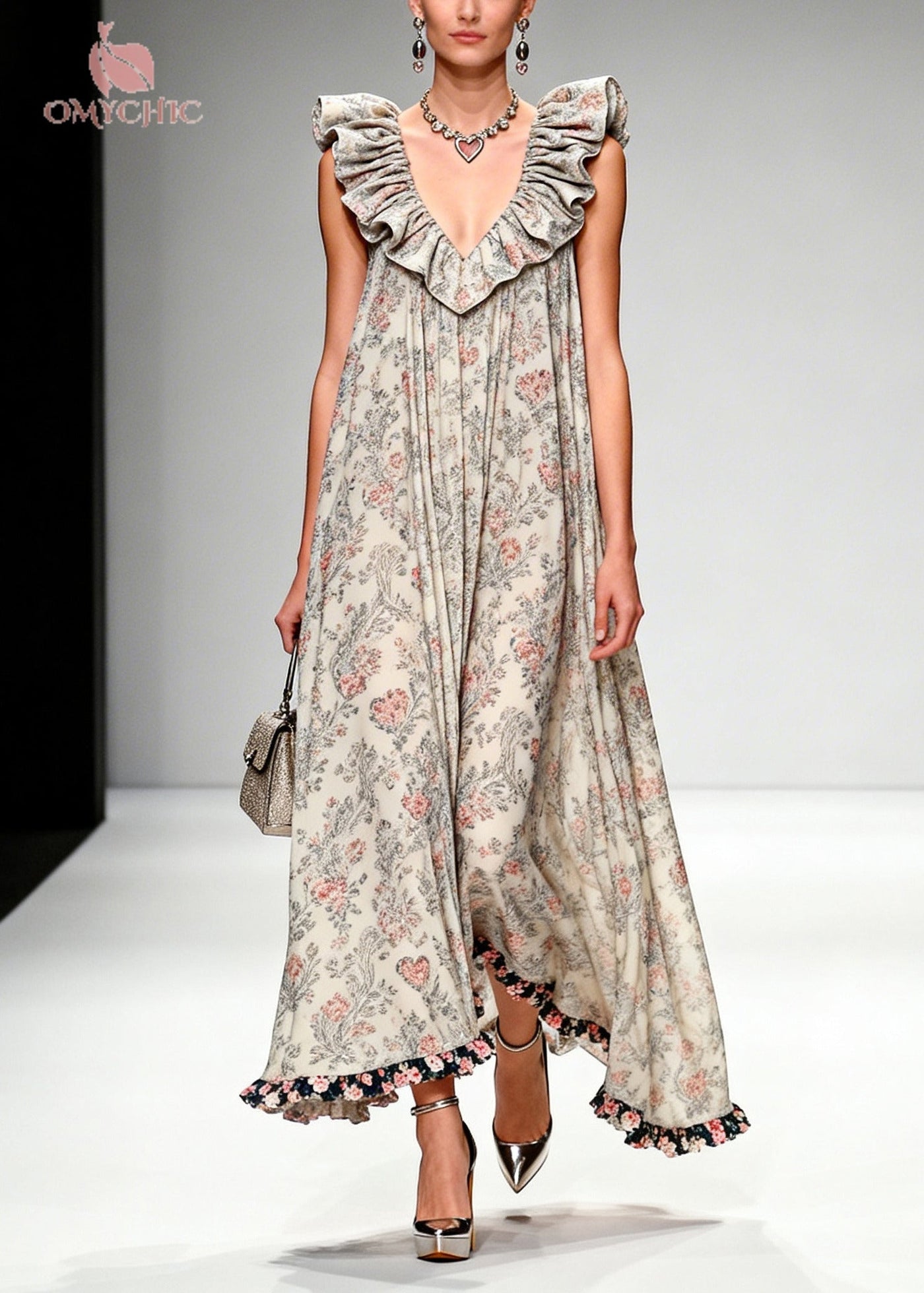 Beautiful Apricot Ruffled Print Chiffon Maxi Dresses Sleeveless 3