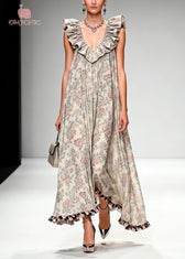 Beautiful Apricot Ruffled Print Chiffon Maxi Dresses Sleeveless 3