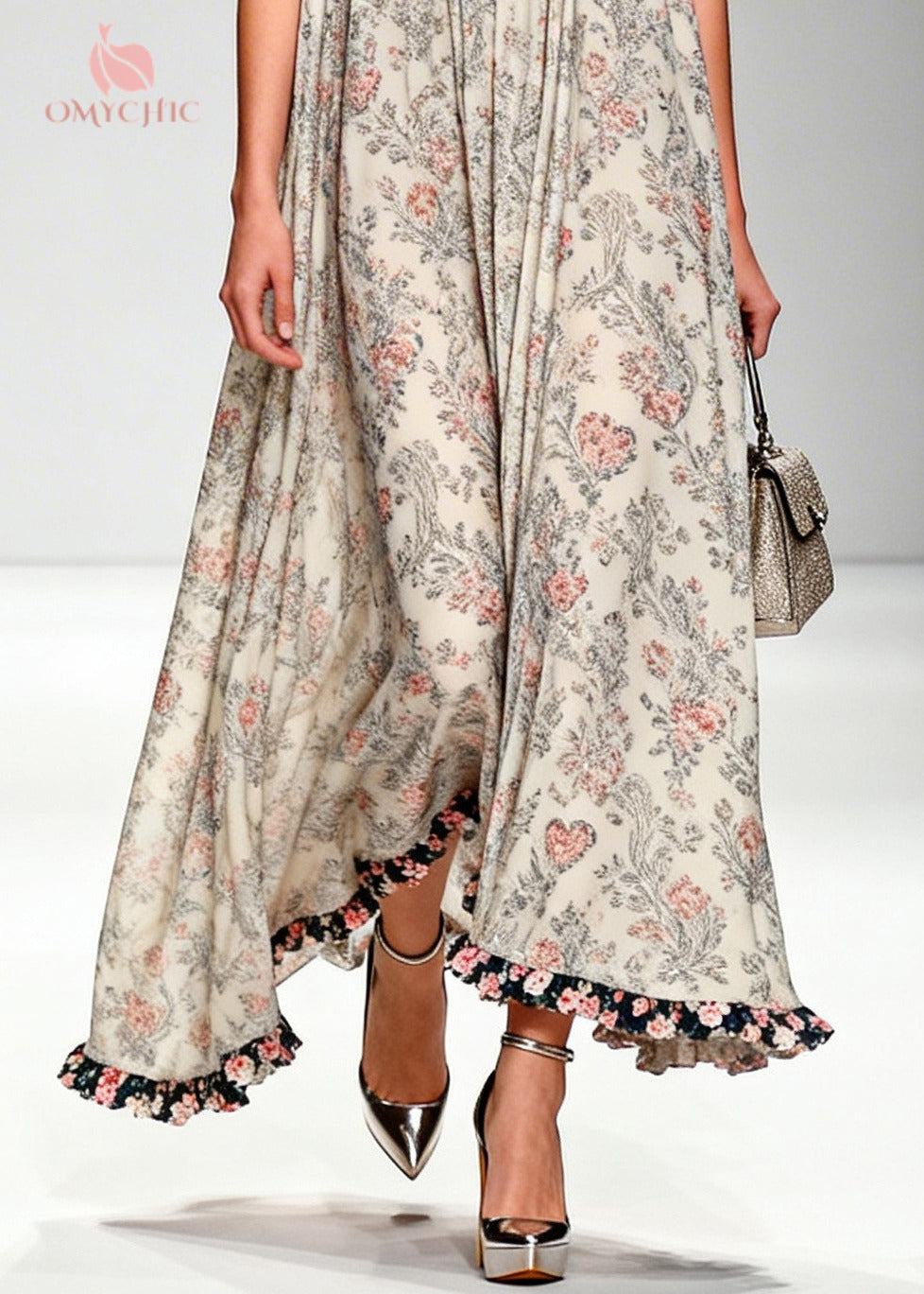 Beautiful Apricot Ruffled Print Chiffon Maxi Dresses Sleeveless 4