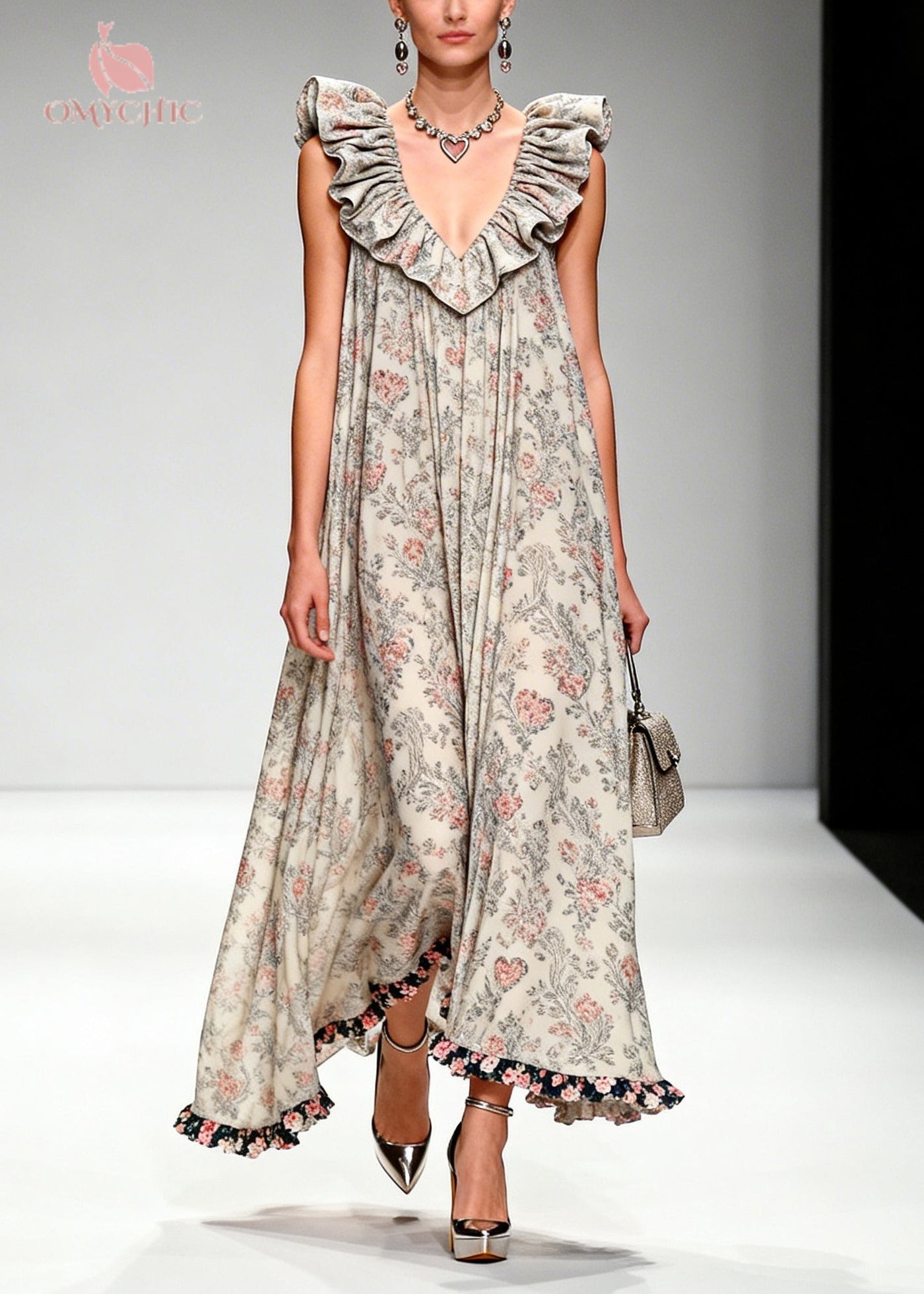 Beautiful Apricot Ruffled Print Chiffon Maxi Dresses Sleeveless 5