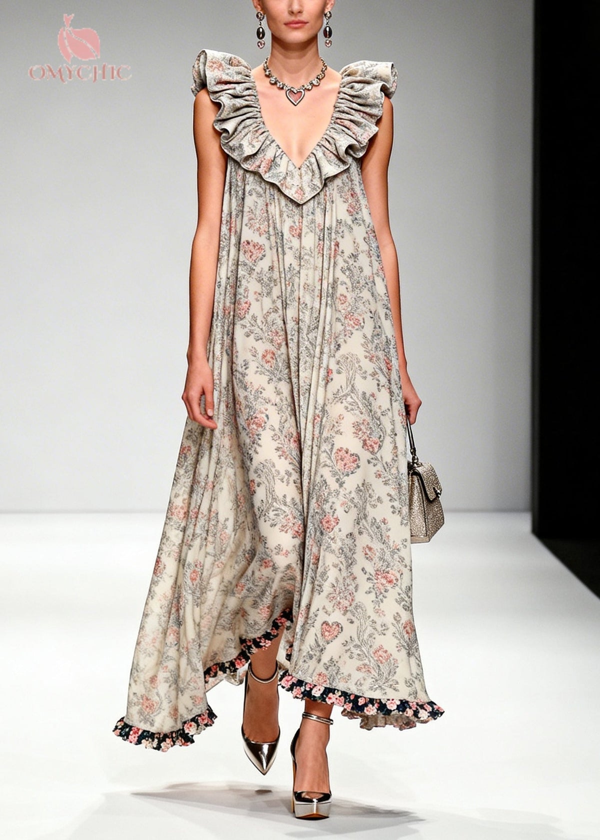 Beautiful Apricot Ruffled Print Chiffon Maxi Dresses Sleeveless - View 5