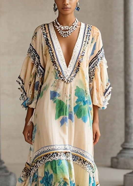 Deep V-Neck Batwing Sleeve Embroidered Trim Chiffon Kaftan Maxi Dress