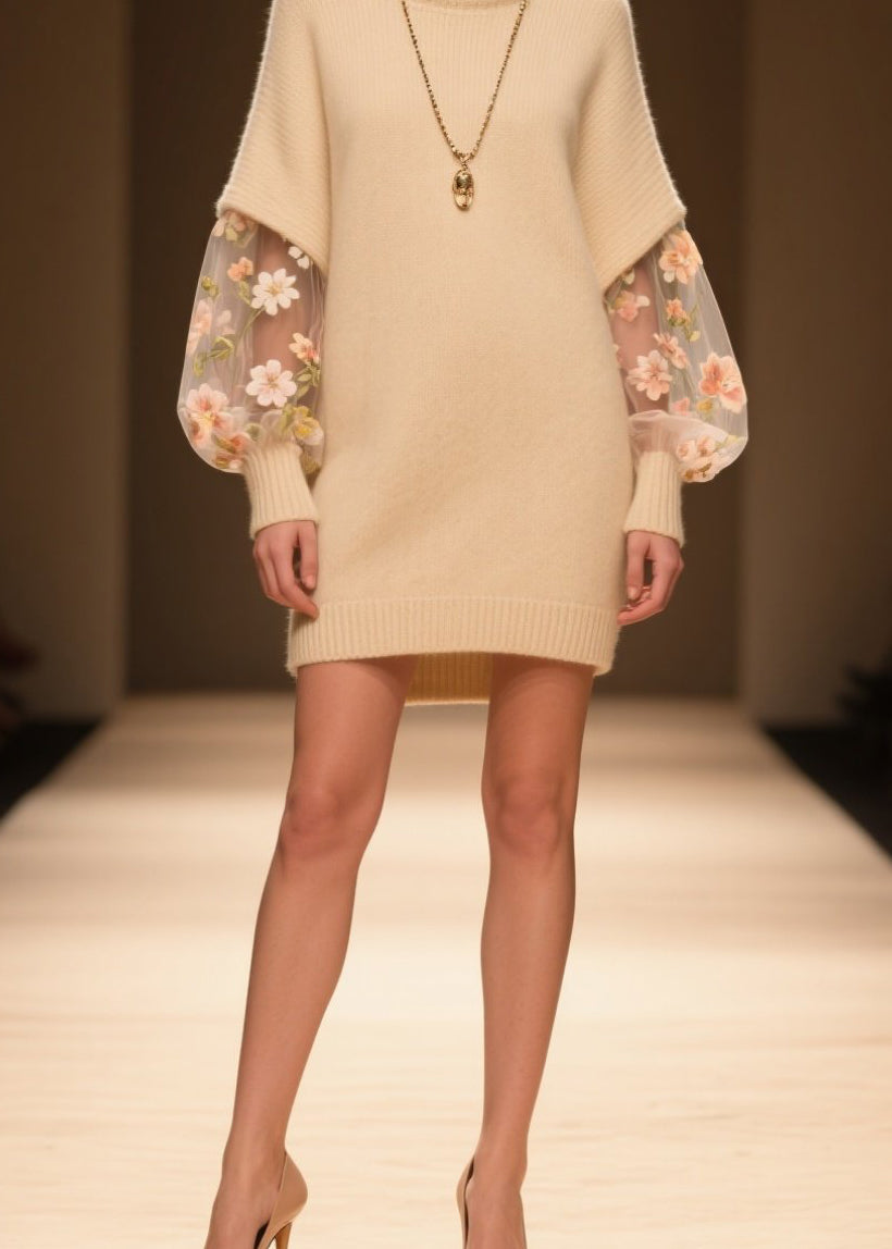Turtleneck Knit Tulle Floral Embroidered Bishop Sleeve Mini Dress