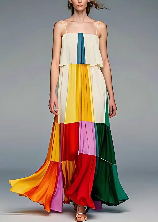 Pleated Patchwork Panel Spaghetti Strap Square Neck Tiered Maxi Dress