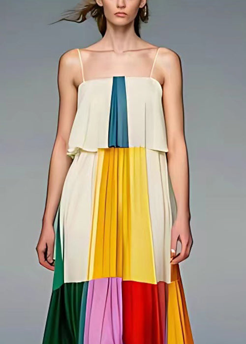Pleated Patchwork Panel Spaghetti Strap Square Neck Tiered Maxi Dress