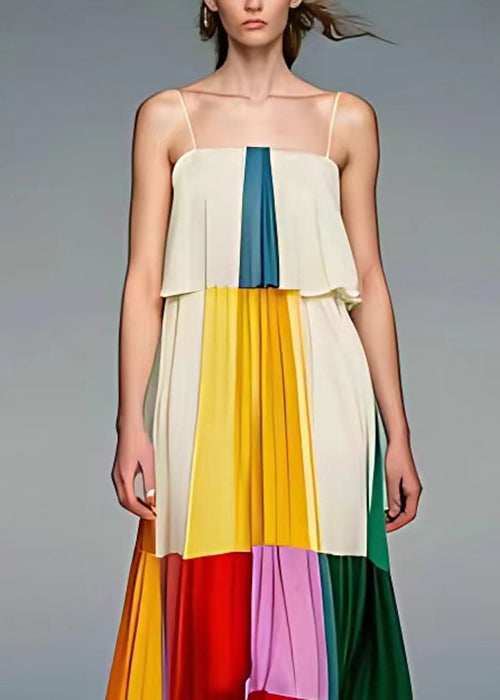 Pleated Patchwork Panel Spaghetti Strap Square Neck Tiered Maxi Dress
