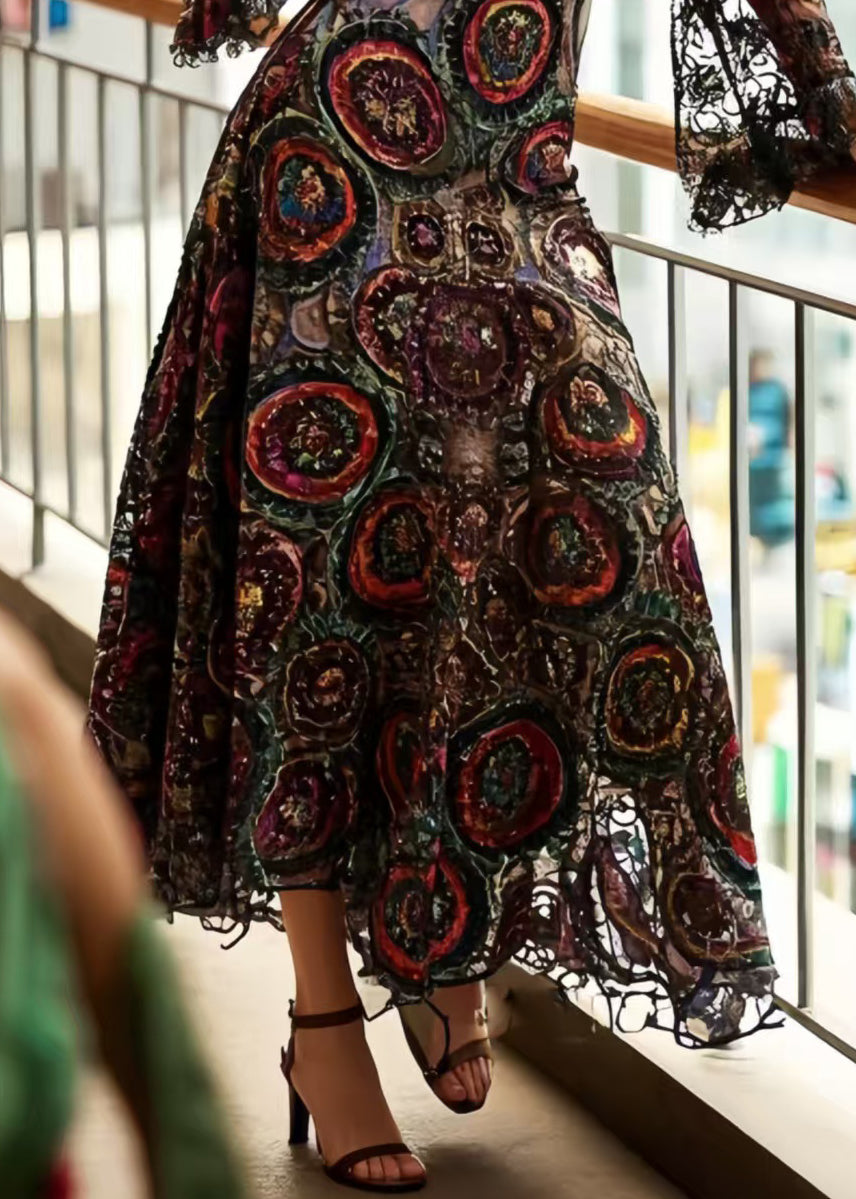 Lace Deep V-Neck Bell Sleeve Circular Print Fit and Flare Midi Dress
