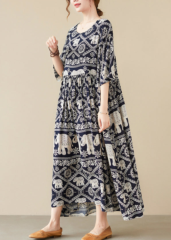 Chiffon Elephant Print Scoop Neck Half Sleeve Gathered Waist Maxi Party Dress