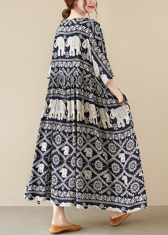 Chiffon Elephant Print Scoop Neck Half Sleeve Gathered Waist Maxi Party Dress