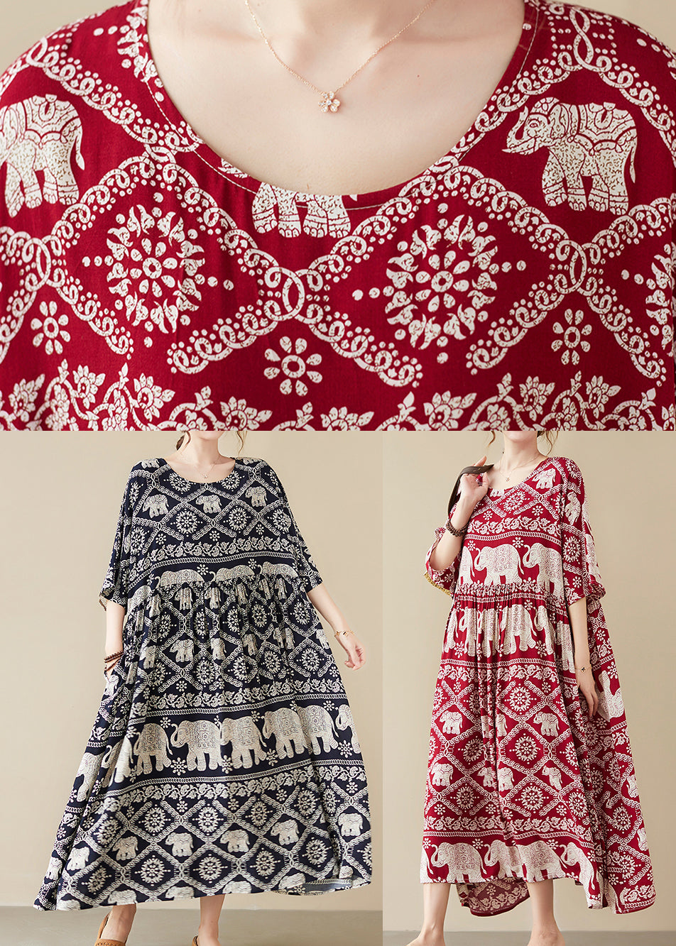 Chiffon Elephant Print Scoop Neck Half Sleeve Gathered Waist Maxi Party Dress