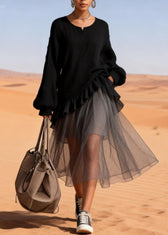 Beautiful Black O-Neck Ruffled Patchwork Tulle Dresses Spring