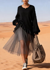 Beautiful Black O-Neck Ruffled Patchwork Tulle Dresses Spring 3