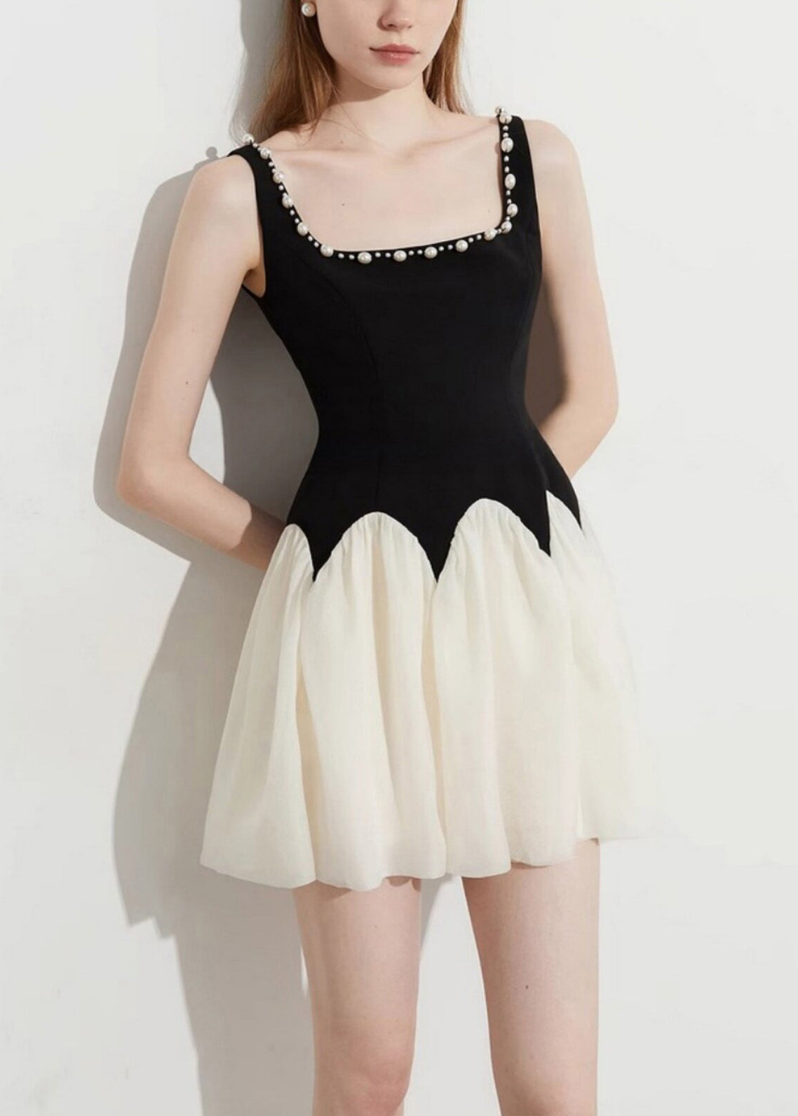 Pearl Trim Square Neck Colorblock Fit and Flare Mini Dress