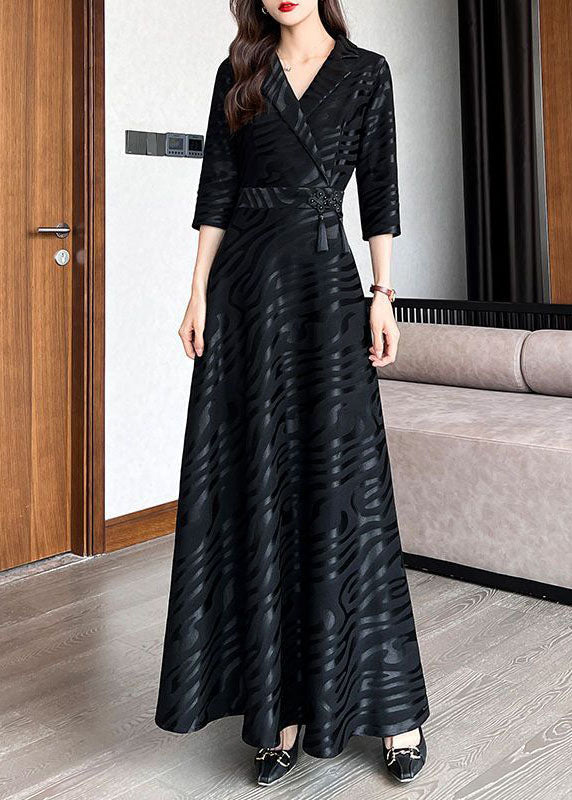Textured Stripe Wrap Notched Lapel Three Quarter Sleeve Tassel Waist Maxi Dress