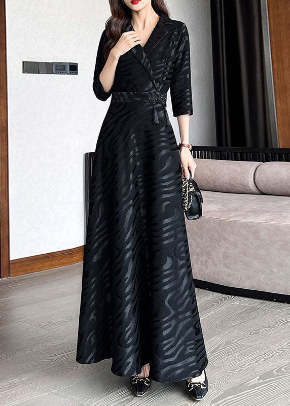 Textured Stripe Wrap Notched Lapel Three Quarter Sleeve Tassel Waist Maxi Dress