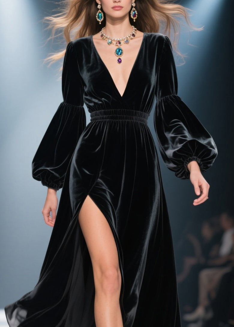 Velvet V-Neck Bishop Sleeve Smocked Waist High Split Maxi Gown