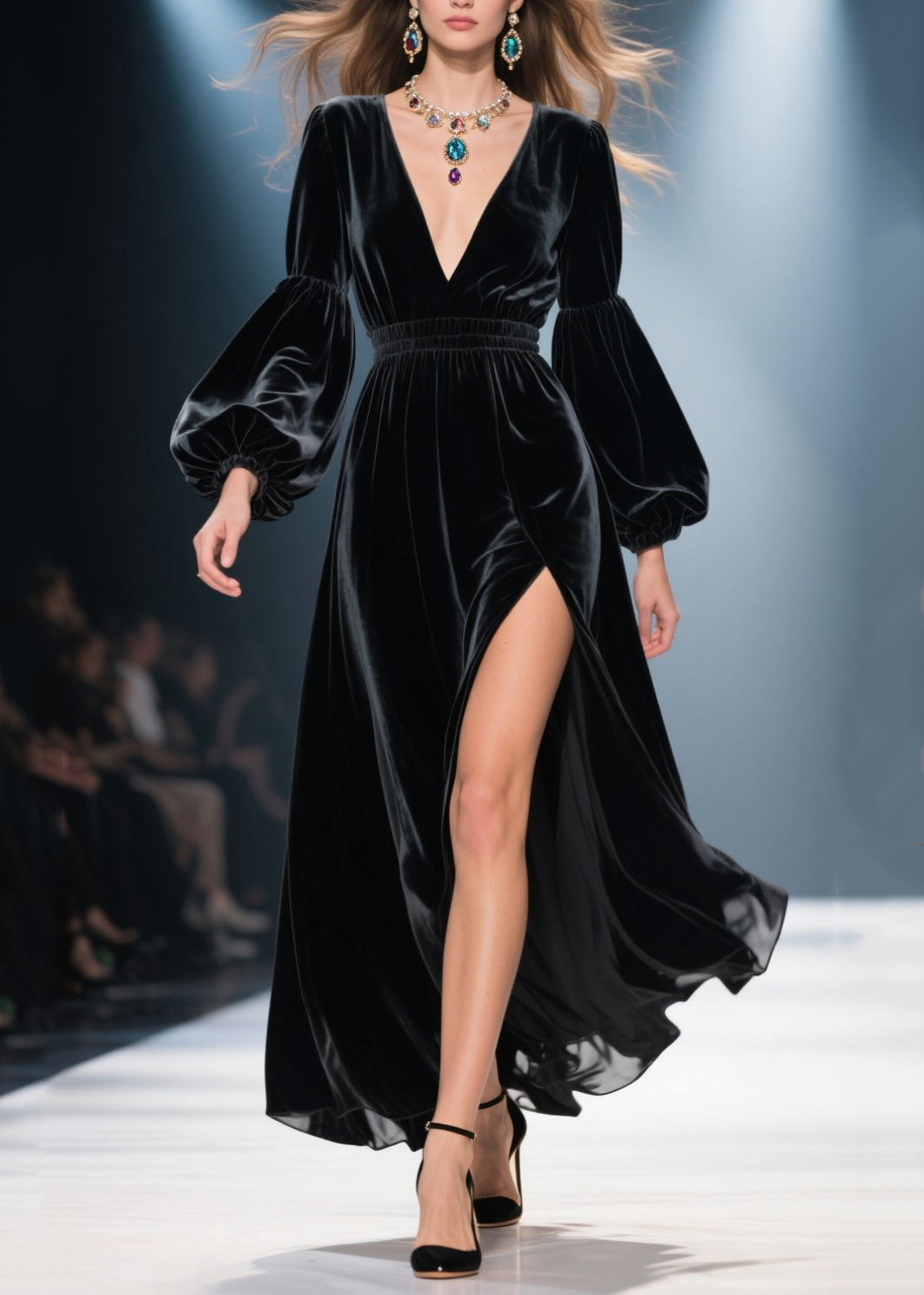 Velvet V-Neck Bishop Sleeve Smocked Waist High Split Maxi Gown