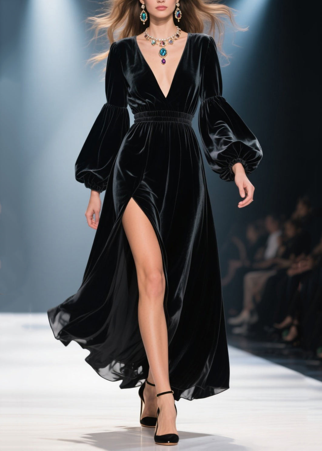 Velvet V-Neck Bishop Sleeve Smocked Waist High Split Maxi Gown
