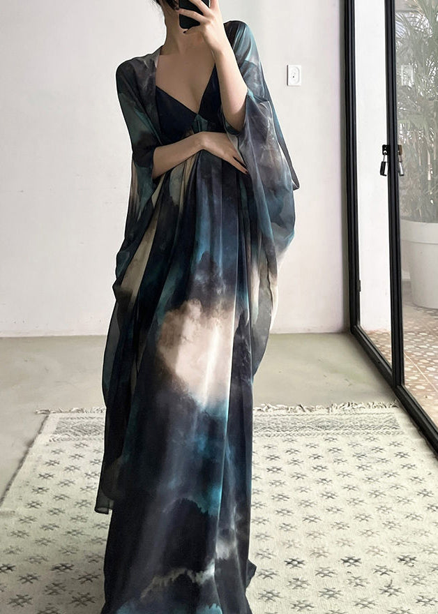 Beautiful Blue Cardigans And Spaghetti Strap Dresses Chiffon Two Piece Suit Fall - View 2