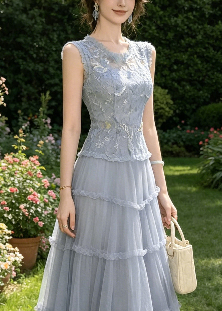 Beautiful Blue O-Neck Sequins Patchwork Tulle Long Sundress Sleeveless