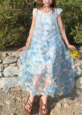 Beautiful Blue Oversized Floral Chiffon Long Dresses Two Piece Set Summer