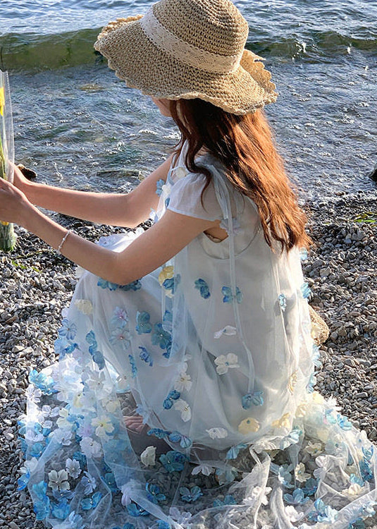Beautiful Blue Oversized Floral Chiffon Long Dresses Two Piece Set Summer 4