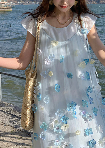 Beautiful Blue Oversized Floral Chiffon Long Dresses Two Piece Set Summer 5
