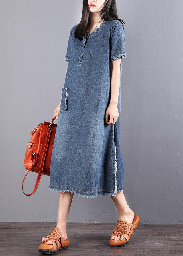 Denim Henley Button Short Sleeve Patch Pocket Frayed Edge Midi Dress
