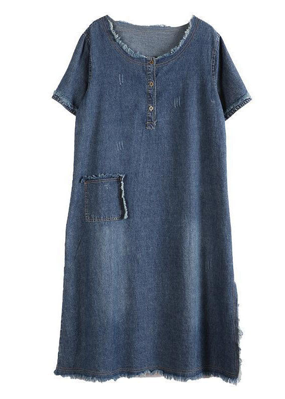 Denim Henley Button Short Sleeve Patch Pocket Frayed Edge Midi Dress
