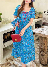Beautiful Blue Ruffled Print Chiffon Maxi Dress Summer - View 2