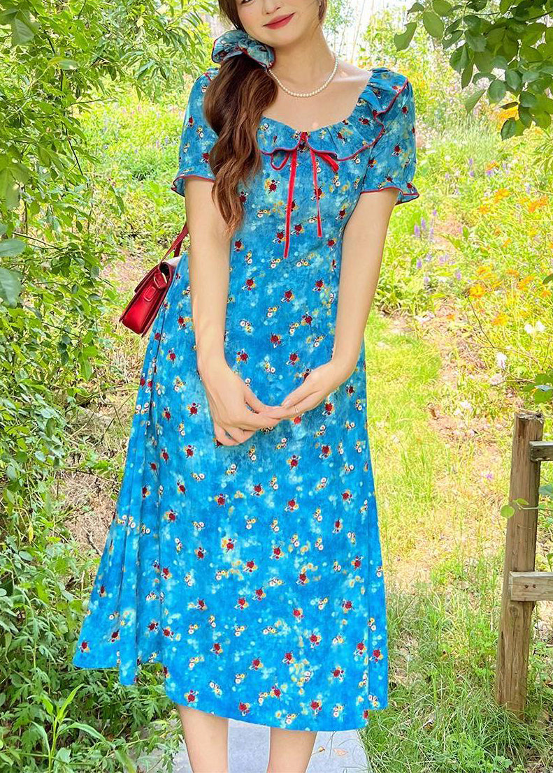 Beautiful Blue Ruffled Print Chiffon Maxi Dress Summer - View 3