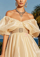 Beautiful Champagne Cold Shoulder Silk Strapless Dress Puff Sleeve 2