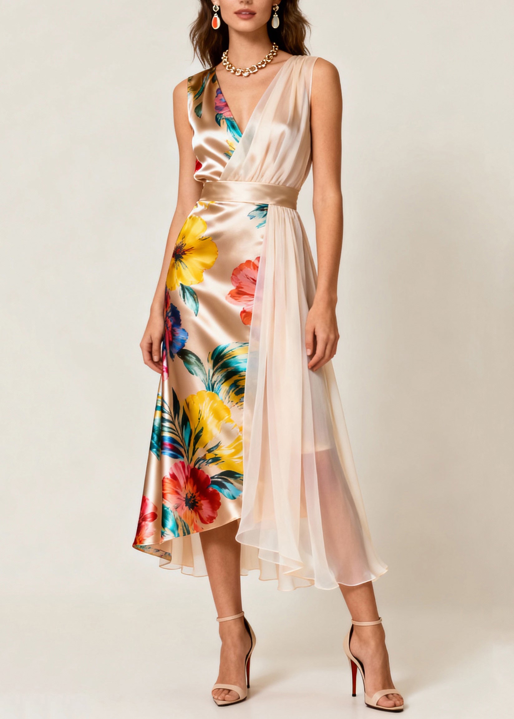 Floral Satin Surplice V-Neck Sheer Pleated Panel Asymmetrical Midi Dress