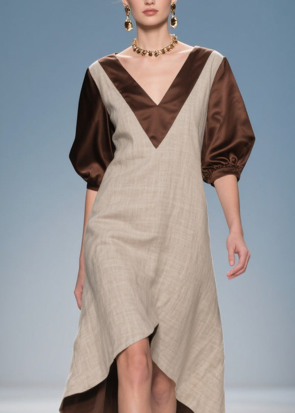 Deep V-Neck Puff Sleeve Satin Neck Panel Woven High Low Midi Dress