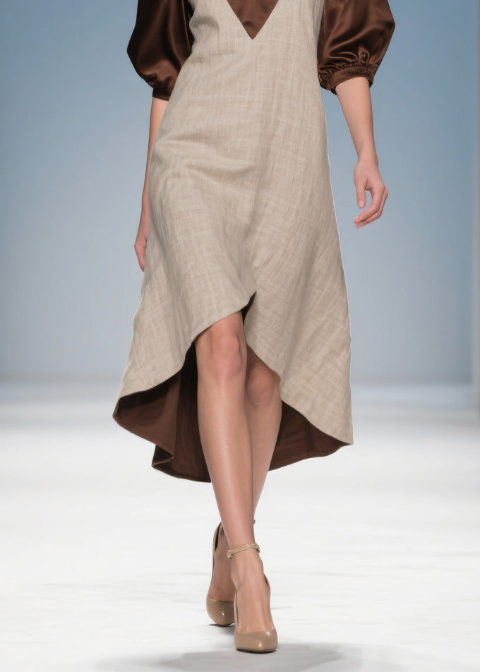Deep V-Neck Puff Sleeve Satin Neck Panel Woven High Low Midi Dress