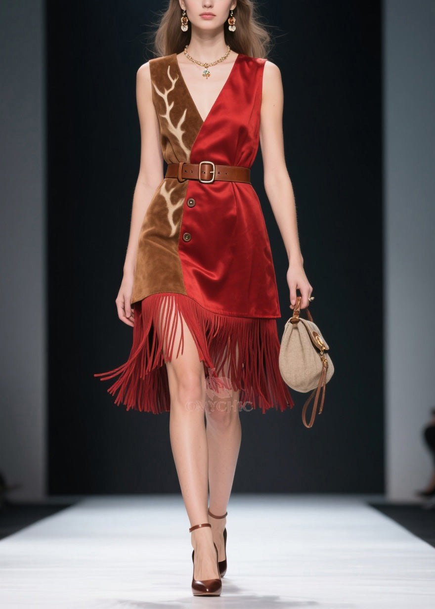 V-Neck Sleeveless Belted Button Front Antler Print Fringe Hem Asymmetrical Mini Dress