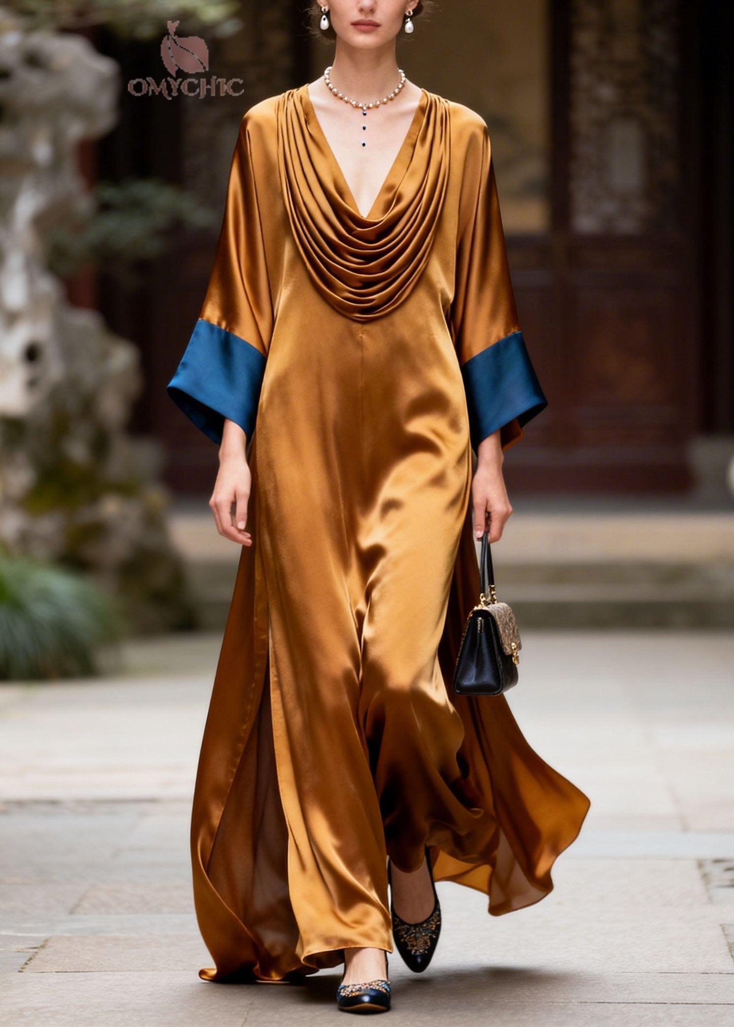 Satin Cowl Neck Draped Kimono Sleeve Contrast Cuff High Split Maxi Gown